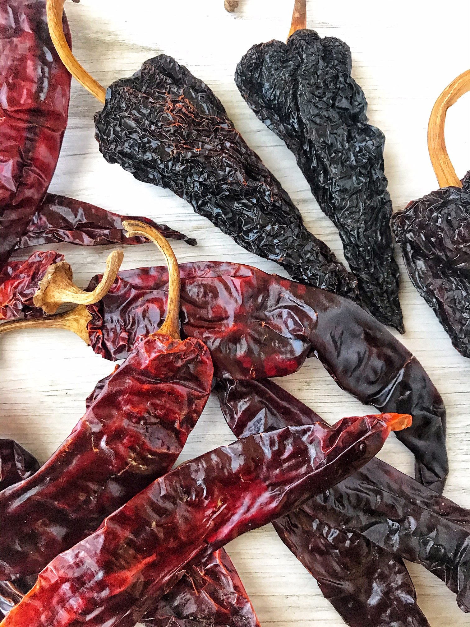 Dried guajillo and ancho peppers.