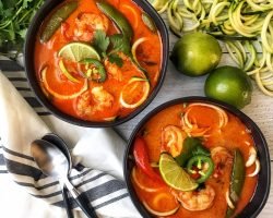 shrimp red curry with zucchini noodles, lime, nap peas