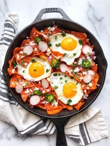 Chilaquiles Rojos with fried eggs