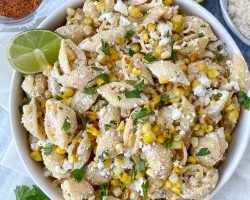 Street Corn Pasta salad in a white plate