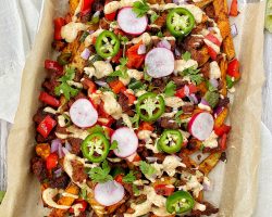 Tray of loaded chorizo fries