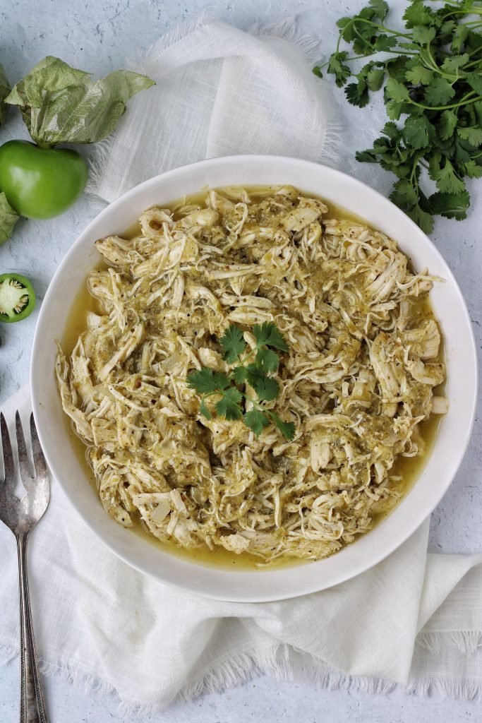 White bowl with chicken chile verde. Fork on the side and cilantro and tomatillo garnish.